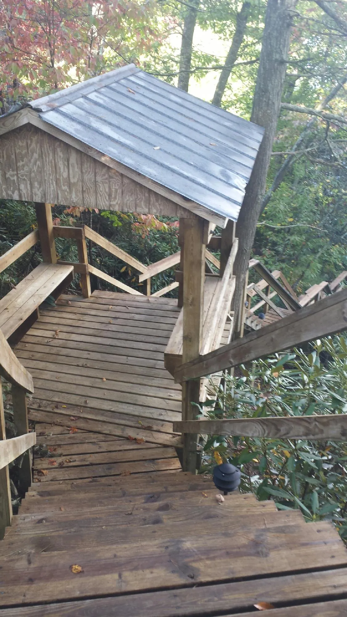 Metal roofed shelter over wooden steps on a wooded walkway — Skylight Repair & Installation work by our crew in Tarrs